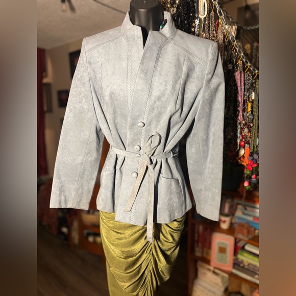 Vintage Made in Canada Faux Suede Belted Jacket • Mandarin Collar • Blue Blazer - Picture 5 of 16